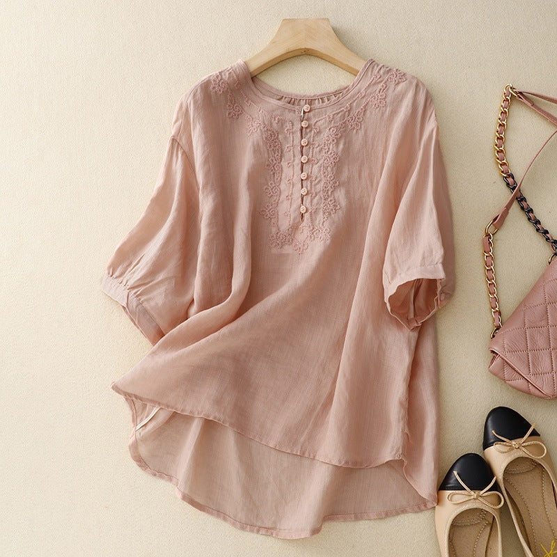 Bestickte Leinenbluse mit halblangen Ärmeln – Allison