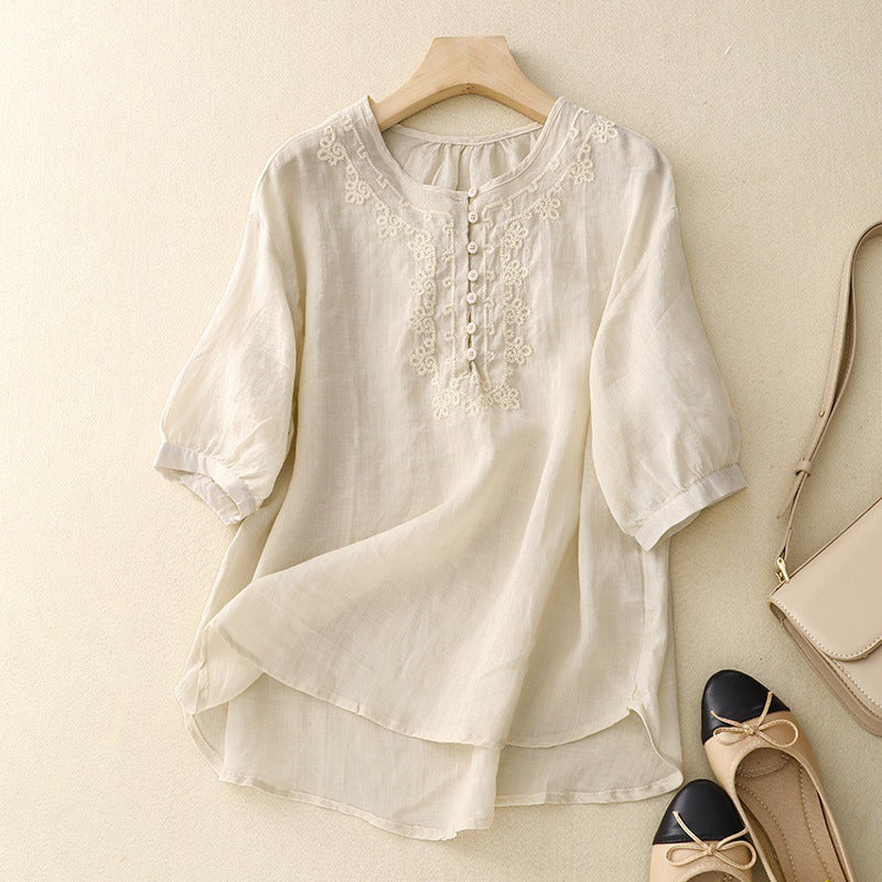 Bestickte Leinenbluse mit halblangen Ärmeln – Allison